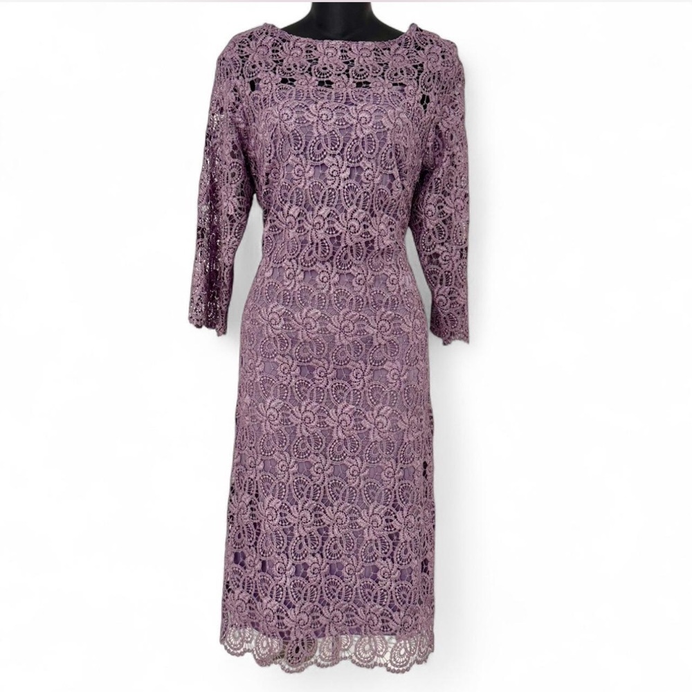 Marina Purple Metallic Lace Embroidered Dress 3/4 Sleeve Size 16 Elegant
